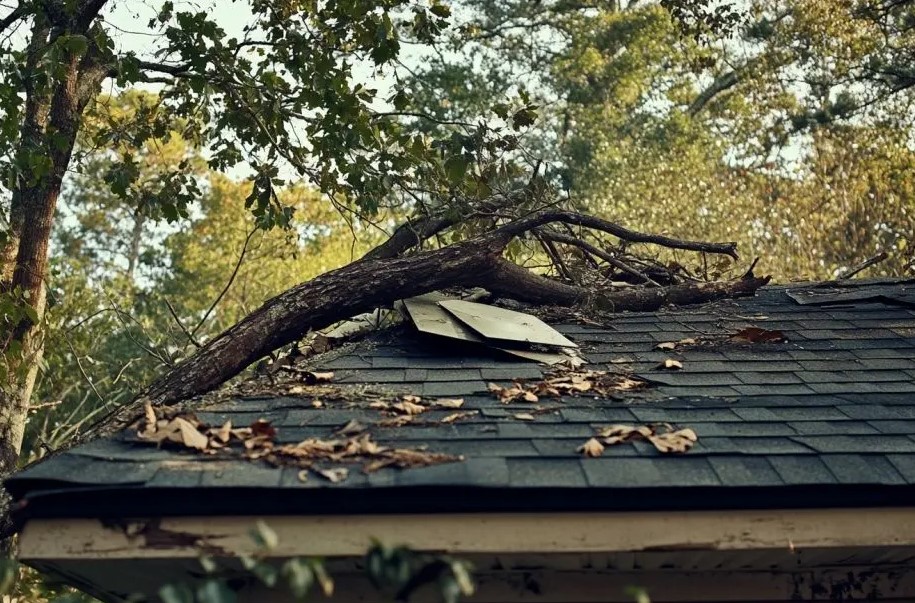 tree damage to roof in Fredericksburg’s leafy neighborhoods