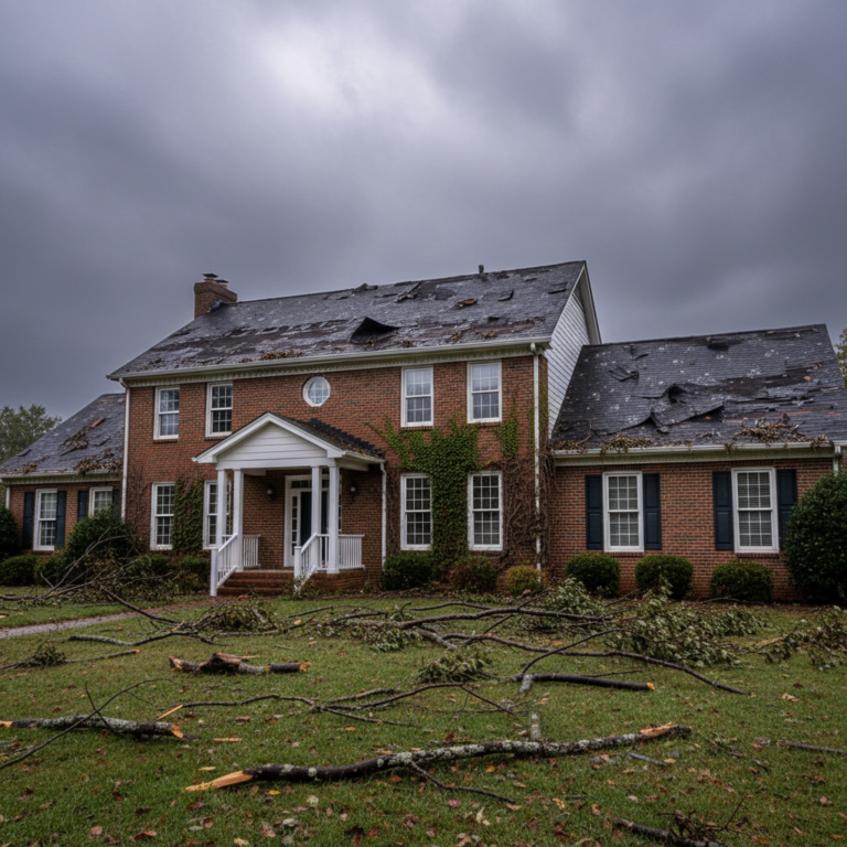 storm-damaged roof with missing shingles and storm debris on a Fredericksburg, VA home
