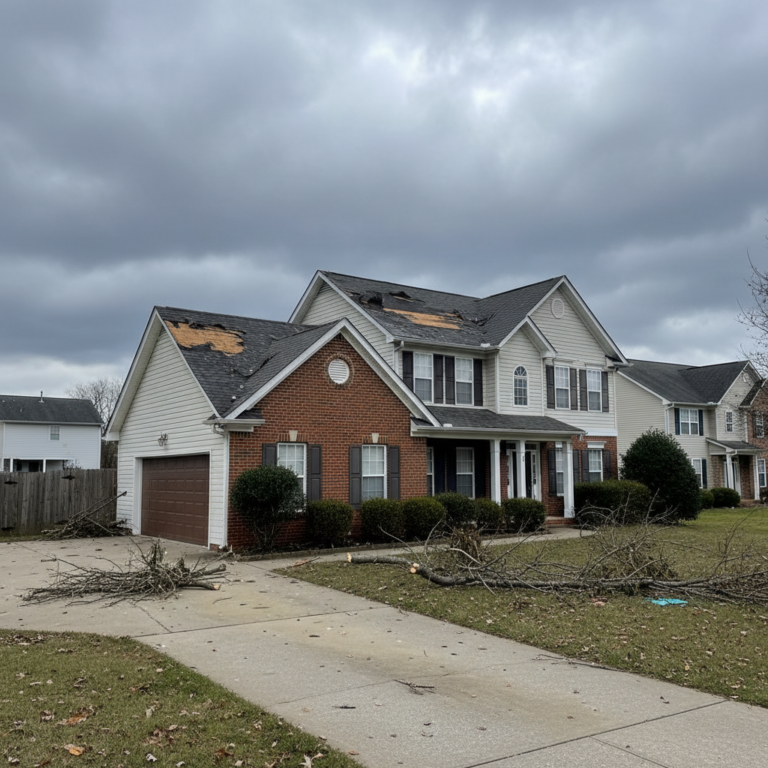 storm-damaged roof with missing shingles and storm debris on a Stafford County, VA home