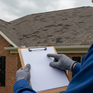clipboard documentation of storm-damaged roof shingles during an insurance claim inspection