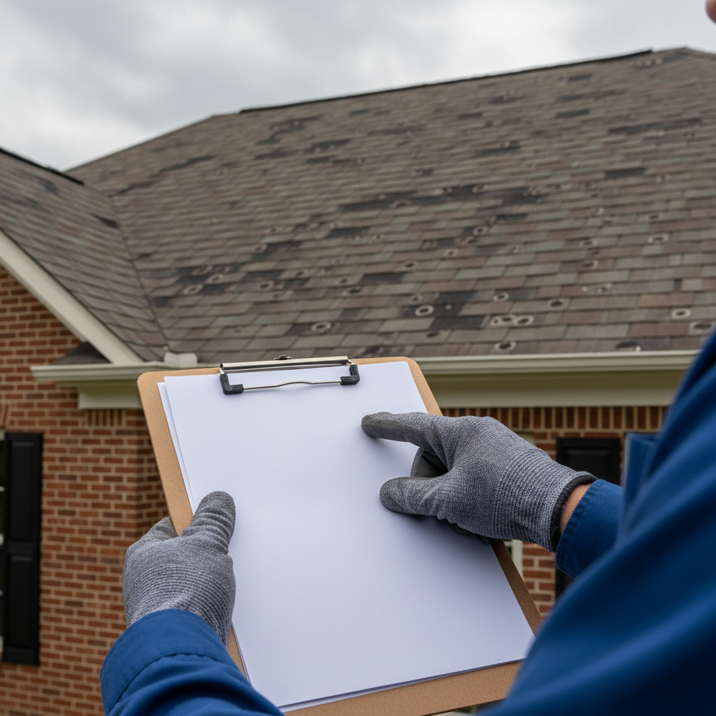 clipboard documentation of storm-damaged roof shingles during an insurance claim inspection